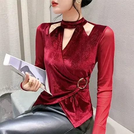 性感镂空露肩T恤女长袖不规则开叉褶皱V领上衣气质丝绒网纱小衫商品大图