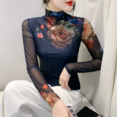 欧货秋冬T恤时尚洋气内塔长袖半高领网纱印花上衣女修身打底小衫图片