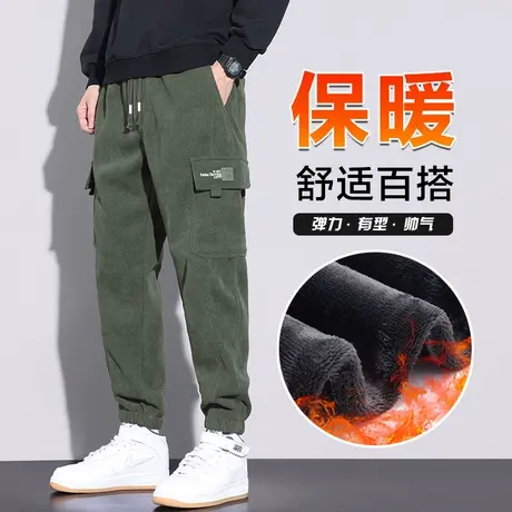 军绿色博奥绒加绒裤冬季2024新款男士束脚加厚休闲裤子秋冬款男装商品大图