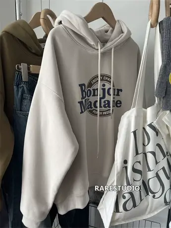 美式休闲复古字母印花加绒加厚棉连帽宽松百搭洋气套头卫衣帽衫女商品大图