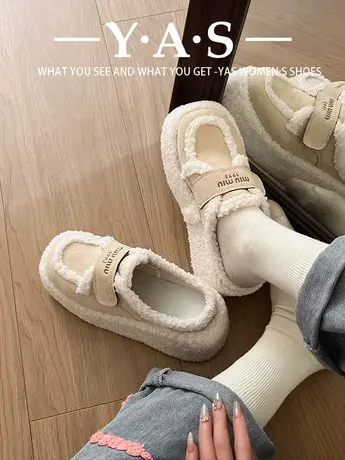 小个子厚底松糕时尚毛毛拖鞋女2023新款冬季外穿坡跟网红包头棉拖商品大图