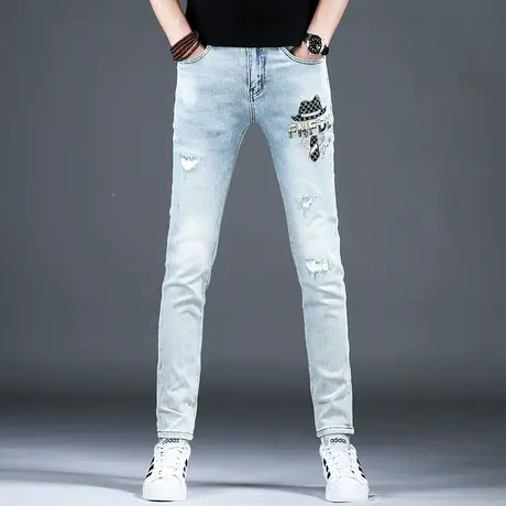 男士新款高档弹力牛仔裤男潮牌2023四季破洞烫钻印花小脚裤子潮牌商品大图