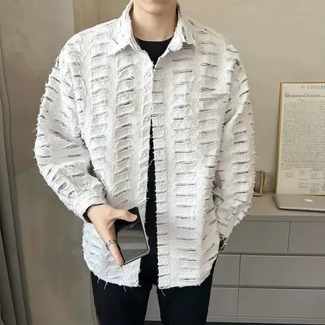 夏季男士夹克外套上衣工装宽松潮流休闲薄款机车个性破洞夜店衬衣商品大图