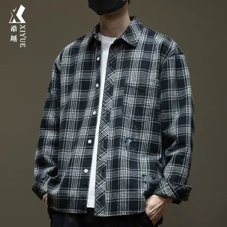 希越休闲格子条纹衬衫男2024春秋美式百搭宽松大码男士翻领外套潮商品大图