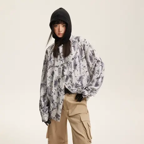 设计感国潮印花衬衫女春秋2024年新款小众国风上衣宽松新中式衬衣图片