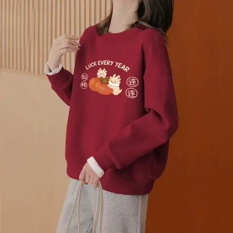 龙年国潮卫衣女复古chic加绒闺蜜上衣ins大码慵懒风卡通新年外套商品大图