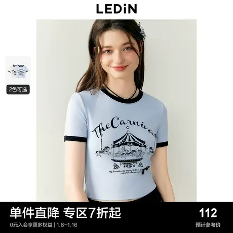 乐町撞色圆领短袖T恤2024早春新款甜美旋转木马印花修身内搭上衣图片