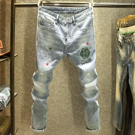 2024春季新款男士牛仔裤弹力舒适修身小脚裤潮牌烫钻刺绣男装裤子商品大图