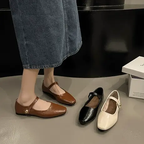 2024春季新款韩版一字扣浅口单鞋百搭软皮方头复古粗跟玛丽珍鞋女图片