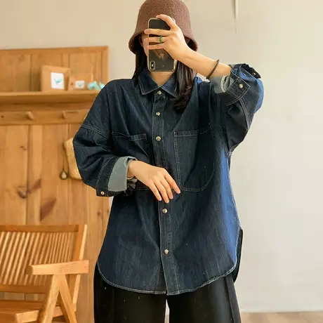 dza 复古宽松翻领牛仔衬衫外套女士2024春季新款休闲上衣百搭衬衣图片