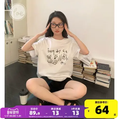 yoe短袖t恤女上衣白色2024年夏季新款小狗涂鸦印花可爱流行女款商品大图