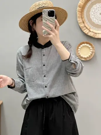 春秋文艺小清新千鸟格子柔软双层棉纱长袖衬衫女学生宽松打底上衣图片