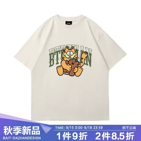 潮牌夏季男士短袖t恤女宽松半袖圆领加菲猫联名美式复古落肩袖商品大图