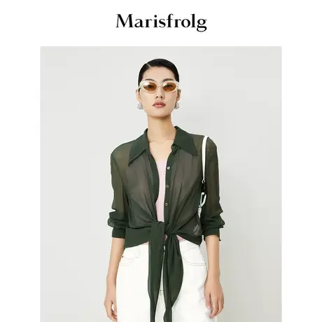 【6A桑蚕丝】玛丝菲尔2023年夏季新款墨绿色绑结式真丝长袖衬衫商品大图
