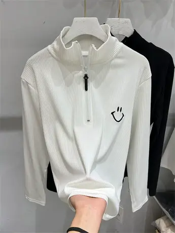 欧货刺绣笑脸气质设计感半拉链套头针织衫女春秋新款打底上衣卫衣商品大图