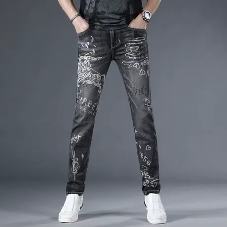 夏季新款男士印花高档牛仔裤男潮牌修身小直筒休闲裤子灰色男裤图片