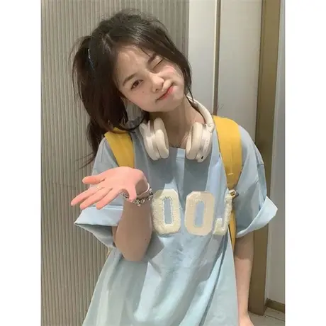 韩版宽松大码短袖T恤女夏季2024新款百搭毛巾绣纯棉半袖上衣体恤商品大图