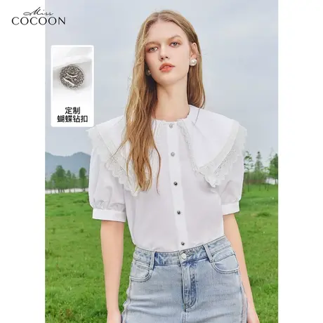 missCOCOON法式双层娃娃领上衣2023夏季新款蕾丝花边小众宽松衬衫图片
