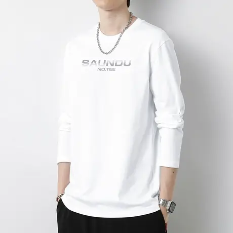 纯棉长袖t恤男装白色上衣服秋季潮流字母印花打底衫全棉内搭秋衣商品大图
