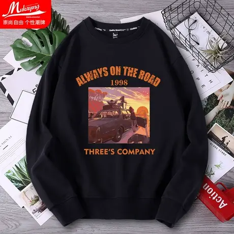 港风卫衣男复古潮流秋冬季圆领上衣宽松休闲长袖boy外套黑色潮牌图片