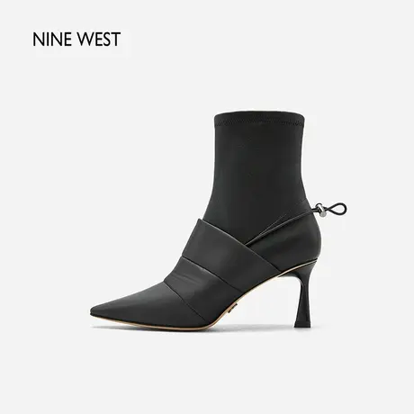 Nine West/玖熙绳结拼接弹力真皮瘦瘦靴2023冬新款尖头细跟时装靴商品大图