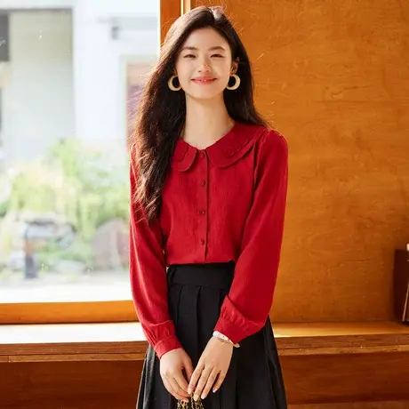 时尚气质淑女荷叶边长袖衬衫女士2023秋季新款百搭设计感显瘦上衣商品大图