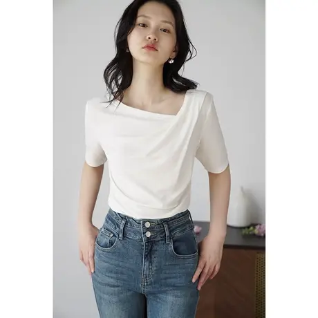 嘉茱莉t恤短袖女2023新款斜领T恤女夏季正肩不规则上衣设计感小众商品大图