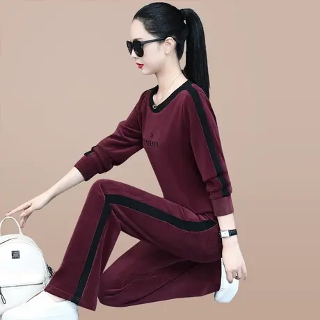 灯芯绒休闲运动服套装女2023年春秋新款时尚圆领卫衣阔腿裤两件套图片