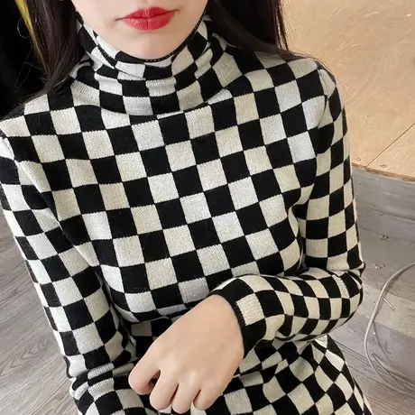 炸街棋盘格毛衣冬高领打底衫女秋冬洋气2021新款爆款加厚修身内搭图片