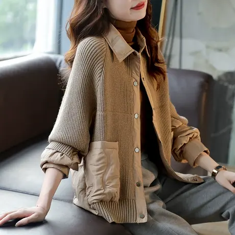 宝诗黎polo领针织拼接棉衣外套女秋季新款2023时尚宽松长袖厚上衣商品大图