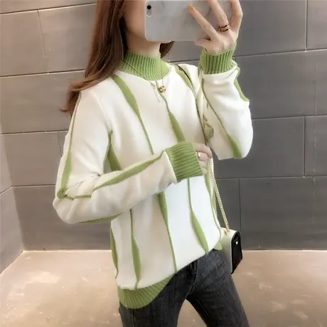 半高领套头毛衣女2023秋冬新款韩版拼色长袖条纹宽松针织打底衫女图片