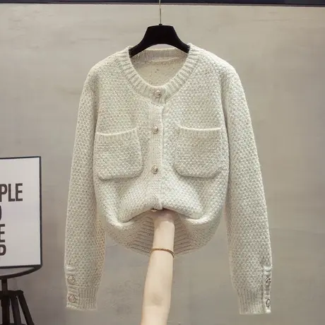 小香风圆领针织开衫女2023秋季新款宽松外穿上衣亮丝厚毛衣外套潮图片