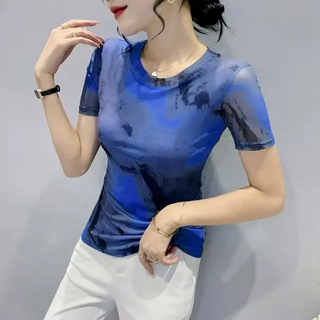 时尚晕染网纱短袖T恤衫女2023年新款圆领修身上衣设计感气质小衫商品大图