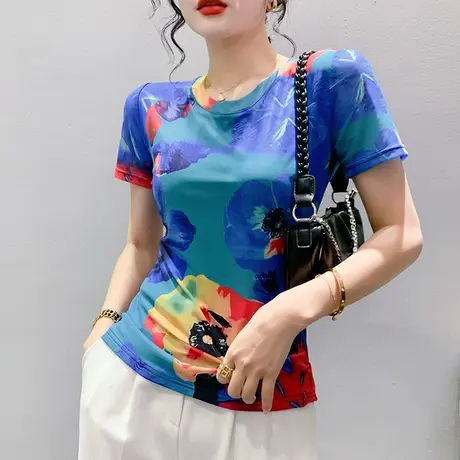女装2023新款印花网纱T恤短袖夏天时尚圆领修身小衫性感气质上衣商品大图