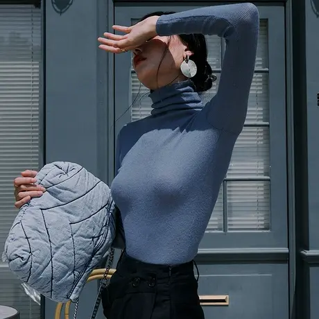 长袖羊毛衫女薄款纯色修身针织衫2023秋冬新款高领气质洋气打底衫商品大图