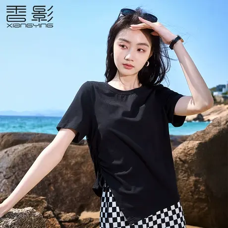 香影黑色短袖t恤女2023夏装新款不规则抽绳设计感潮开叉圆领上衣商品大图