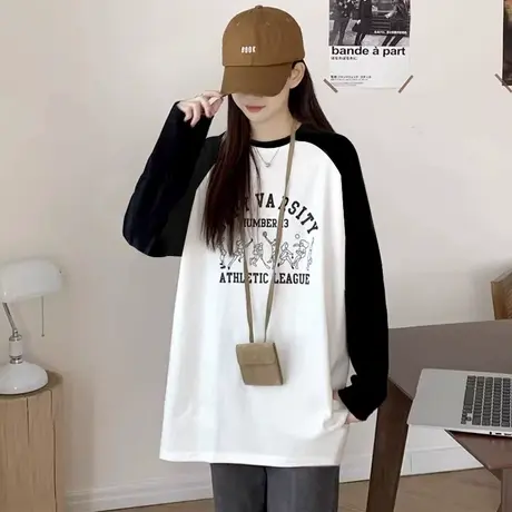 学院风中长款插肩长袖t恤女2023秋冬新款宽松纯棉上衣休闲打底衫商品大图