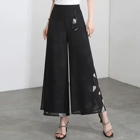 开叉双层雪纺阔腿裤女夏季印花裤子2023新款高腰坠感直筒休闲裤薄商品大图