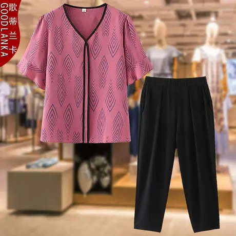 妈妈夏装短袖套头冰丝麻上衣母亲节礼物加肥加大码女八分裤两件套商品大图