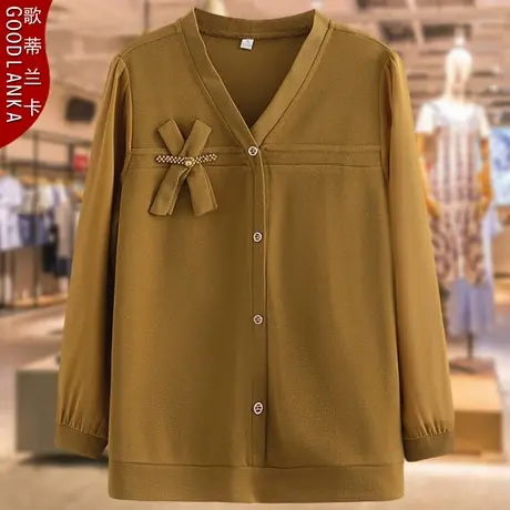 大码中年妈妈春装长袖上衣宽松显瘦洋气蝴蝶结V领百搭打底衫T恤女商品大图