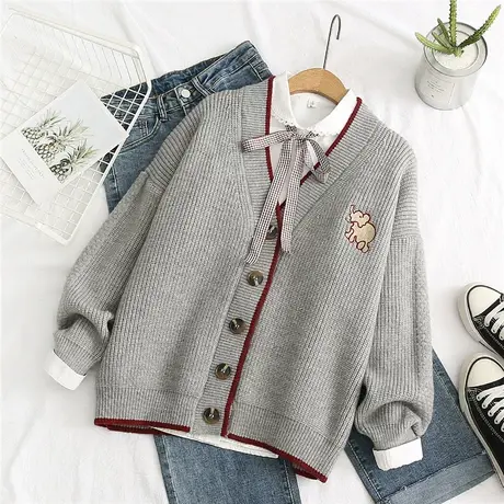 2020春秋新款韩版V领学院风慵懒风针织开衫女宽松短款毛衣外套潮图片