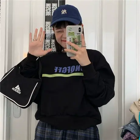 2023春装新款韩版小个子短款宽松原宿风ulzzang薄款圆领卫衣女ins图片