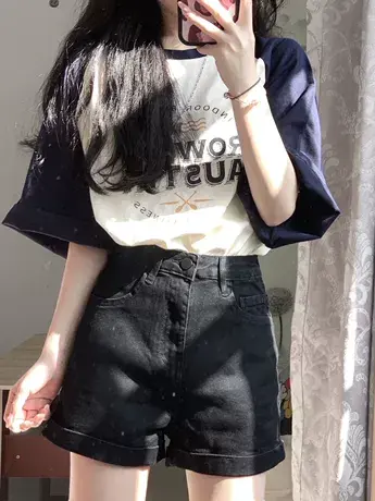 撞色纯棉短袖t恤女ins潮韩版宽松2022夏季设计感小众美式复古上衣图片