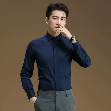 暗门襟衬衫男士长袖修身正装2023四季新款纯色商务休闲韩版白衬衣商品大图