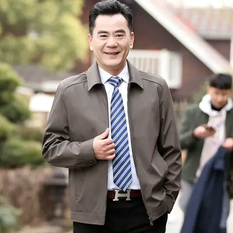 爸爸夹克秋装外套薄款中年男士上衣服翻领春秋季老人男式茄克开衫商品大图