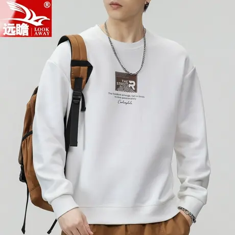 美式圆领白色卫衣男士2023款春秋季宽松纯色休闲运动套头长袖上衣商品大图