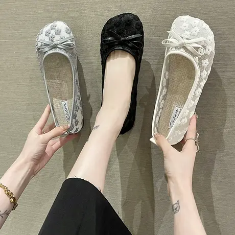 夏季网纱单鞋女2023年新款百搭浅口透气一脚蹬软底奶奶鞋平底瓢鞋商品大图