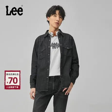 Lee商场同款24春季新品标准版101+刺绣翻领黑色男长袖牛仔衬衫潮商品大图
