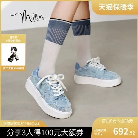millies/妙丽2023秋新款牛皮运动牛仔帆布女休闲厚底板鞋80315CM3图片