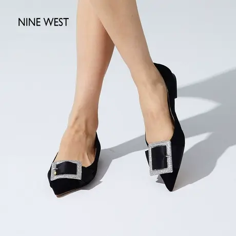 Nine West/玖熙方糖钻扣单鞋女2025夏季新款反绒尖头通勤平底黑色图片